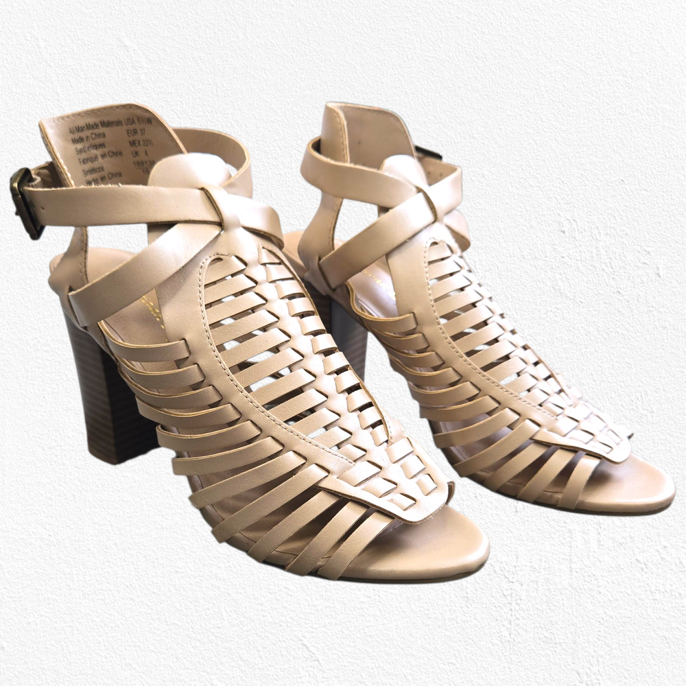 American Eagle Nude Gladiator Block Heel Sandals Size 5.5W – Strappy Caged Heels